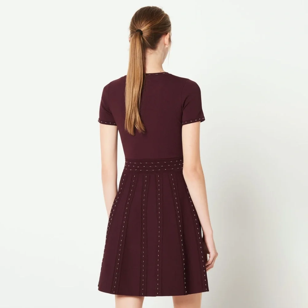 ✨sold✨ sandro • montaigne bordeaux bead embellished stud fit flare studded dress - Picture 5 of 12